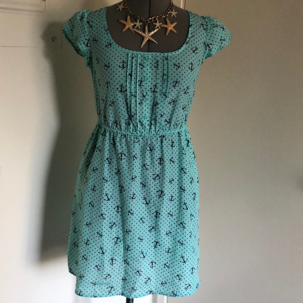 Anchor and Polka Dot Nautical Dress Aqua Navy